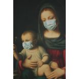 Print on board. A masked Madonna and Child. Unsigned. Framed. H.121 W.80cm.