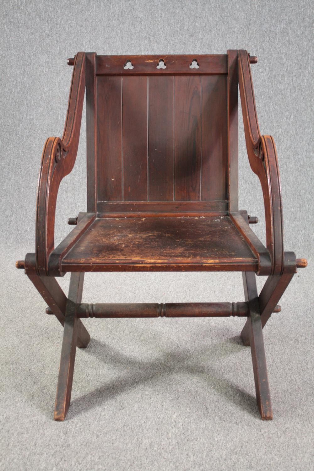 Glastonbury chair, 19th century pitch pine Gothic style. H.90cm. - Image 4 of 4