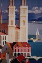 An Art Deco style travel poster of Zurich on a stretched plastic canvas. H.120 W.80cm.