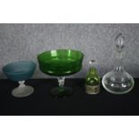 A collection of mixed glass including a decanter and two raised bowls. Also, a green Art Nouveau