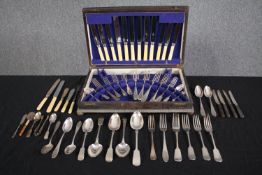 A boxed collection of Sheffield steel cutlery with others, including some silver plated folks and