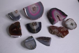 A collection of nine Agate geodes and slices, some dyed. H.14 W.8cm. (largest)