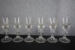 Six sherry glasses with etched game decoration. Nineteenth century. H.18cm. (each)