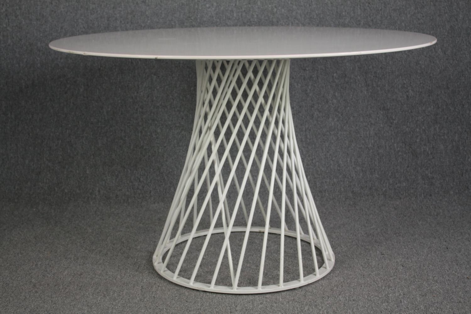 Dining table, contemporary with composite laminated top on metal base. H.72 W.120cm. (Some damage as - Image 2 of 6