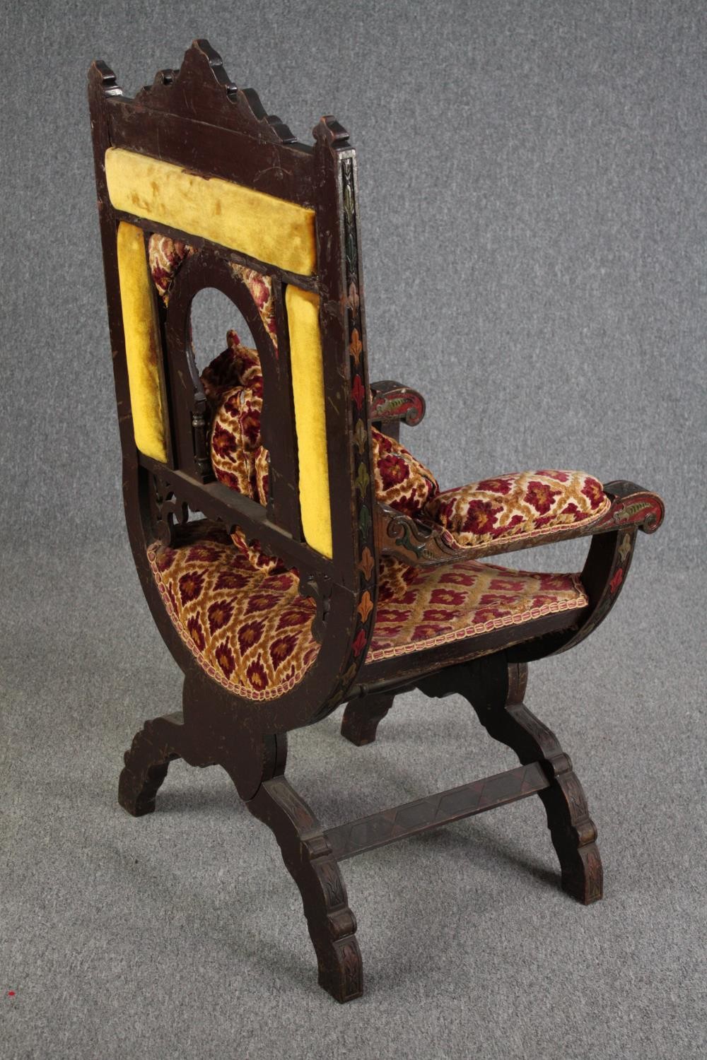 Throne chair, late 19th century polychrome of Eastern influence, signed or inscribed to the front. - Image 3 of 8