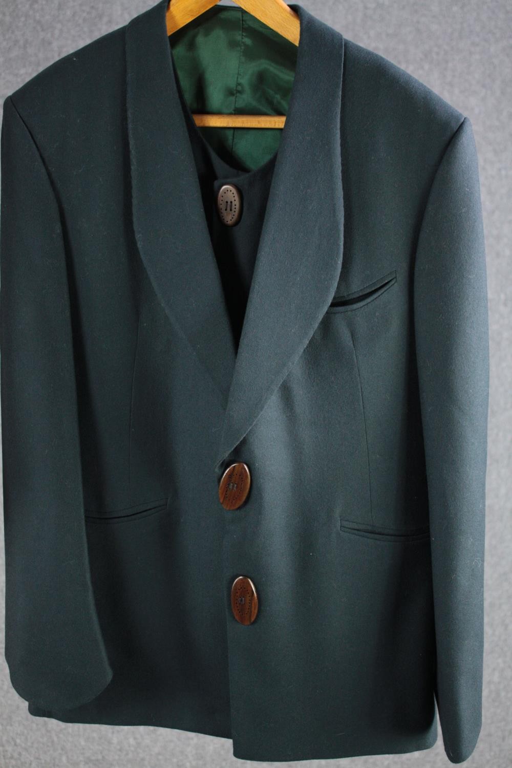 A vintage bespoke made teal silk mix three piece suit with maker's label and silk lining. - Image 2 of 7