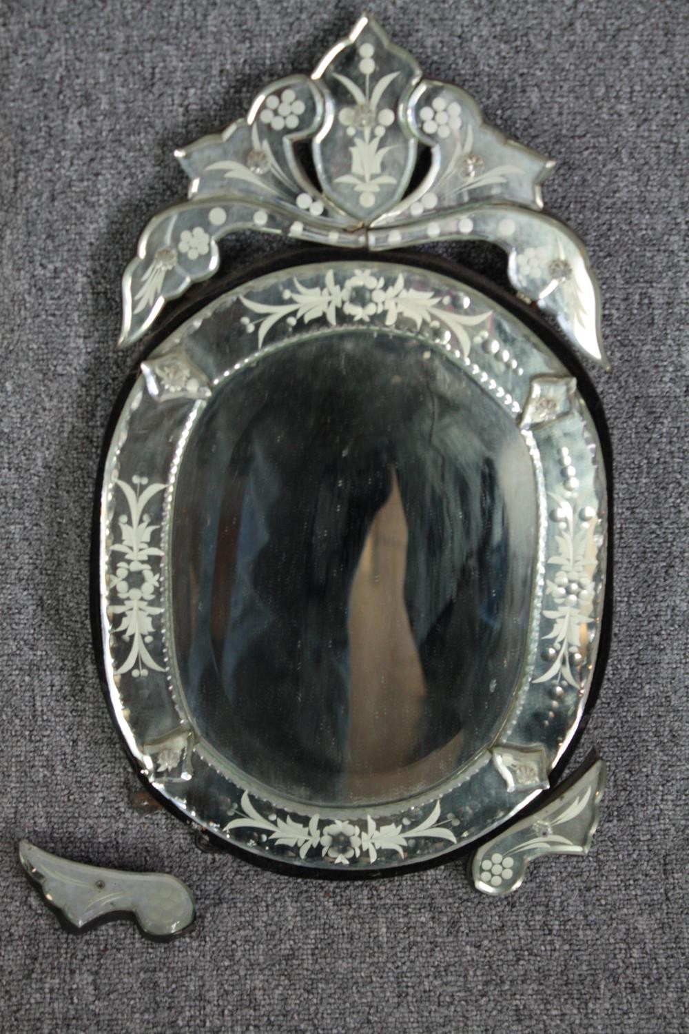 An etched glass Venetian style mirror and a similar in need of a little repair. H.50 W.30cm. ( - Image 6 of 6