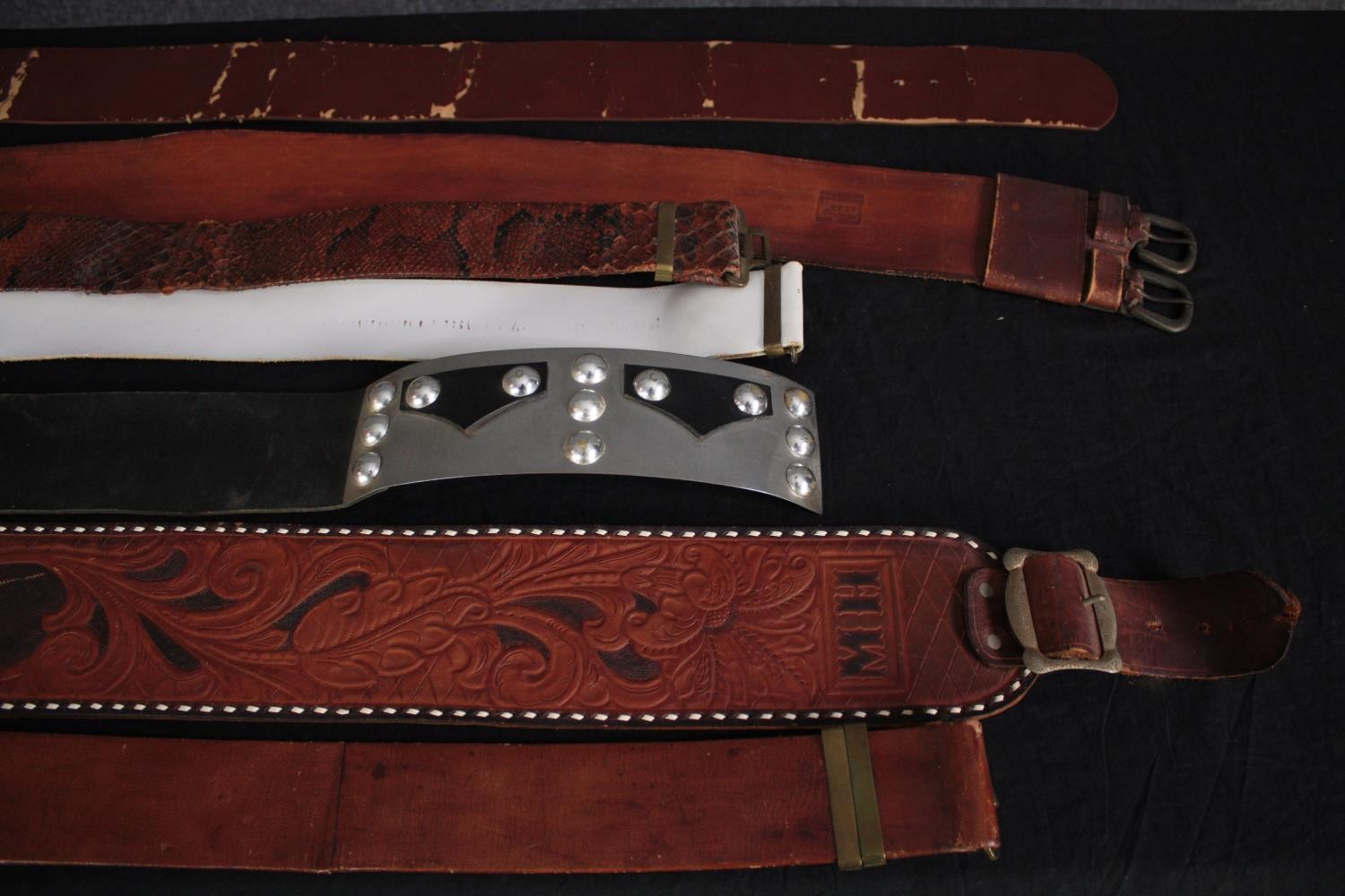 A collection of vintage leather belts, some with embossed designs. L.115cm. (largest) - Image 2 of 5