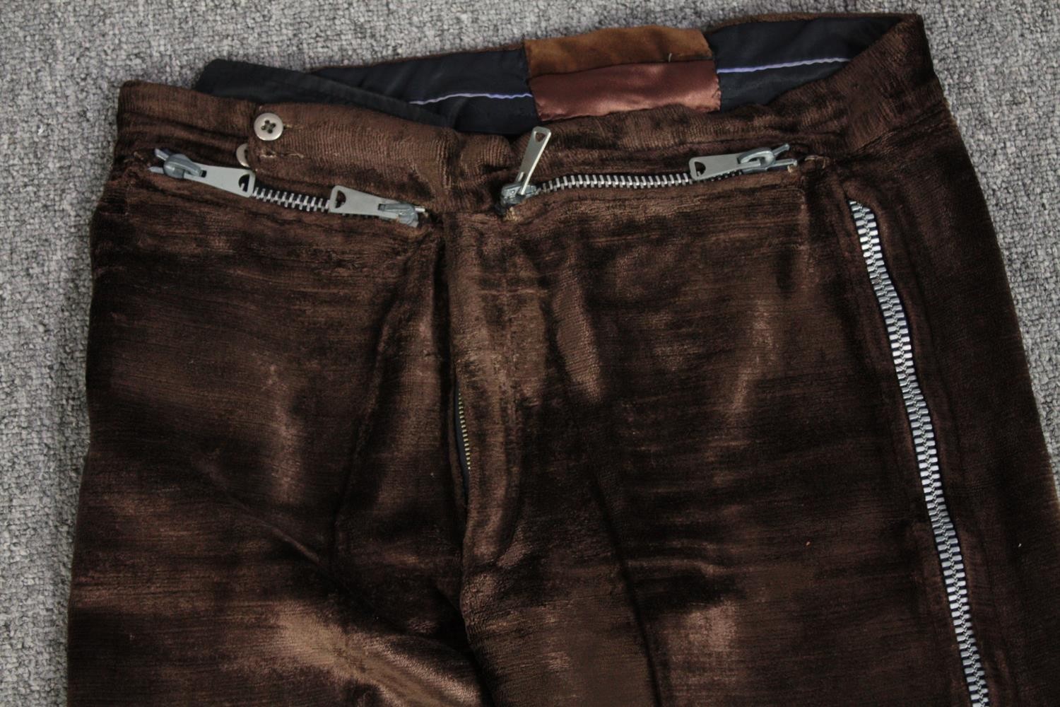 Three pairs of bespoke made vintage velvet trousers in various colours with zip detailing. - Image 2 of 8