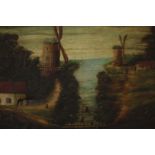 Oil painting on canvas. Probably late eighteenth century. Two mills on a river bank. Unsigned.