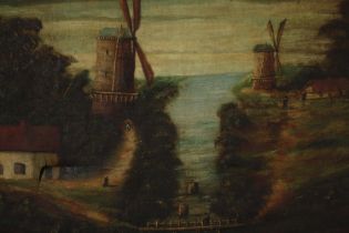 Oil painting on canvas. Probably late eighteenth century. Two mills on a river bank. Unsigned.