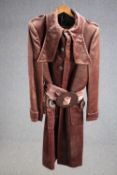 A vintage bespoke made brown/purple velvet mix overcoat with statement collar and buckle.