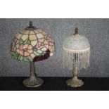 Two tables lamps. A Tiffany style lamp and another with a drop bead shade. H.29cm. (largest)