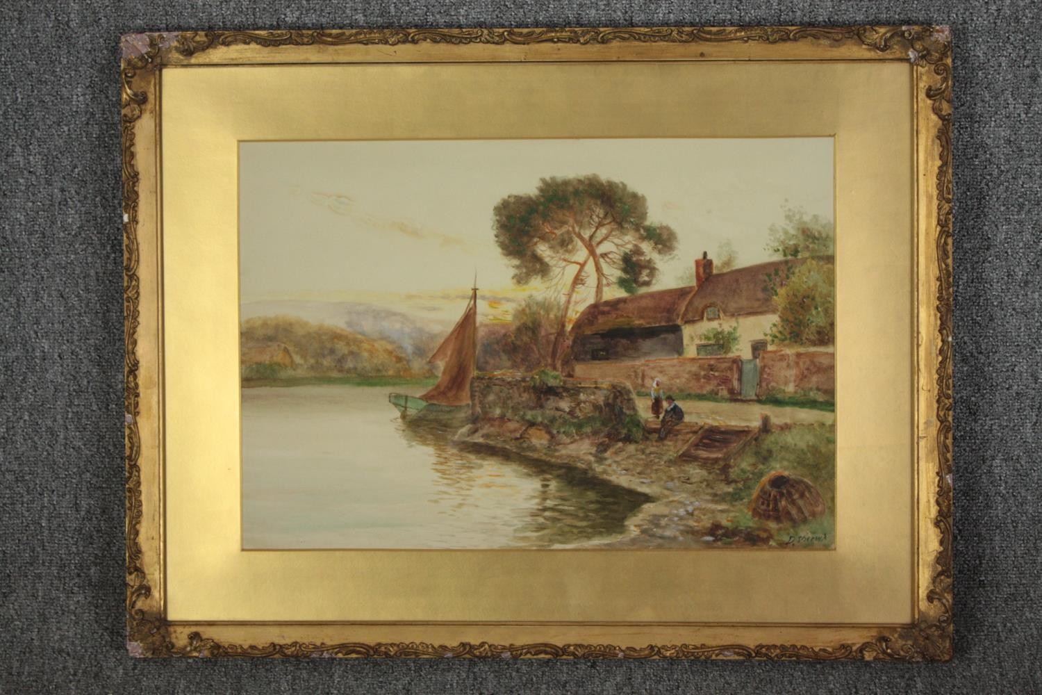 Daniel Sherrin (1869–1940). Watercolour. Riverside scene. Signed lower right. In a gilt decorated - Image 2 of 4