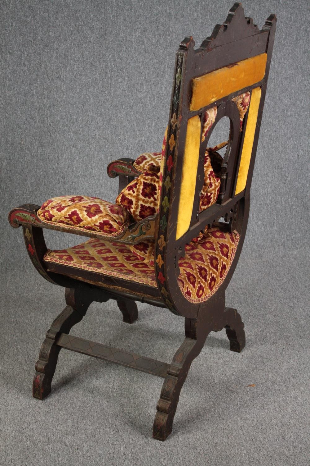 Throne chair, late 19th century polychrome of Eastern influence, signed or inscribed to the front. - Image 5 of 8