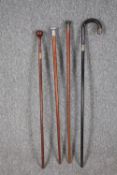 A collection of four walking canes. The darker stick with a silver collar and end. L.92cm. (longest)