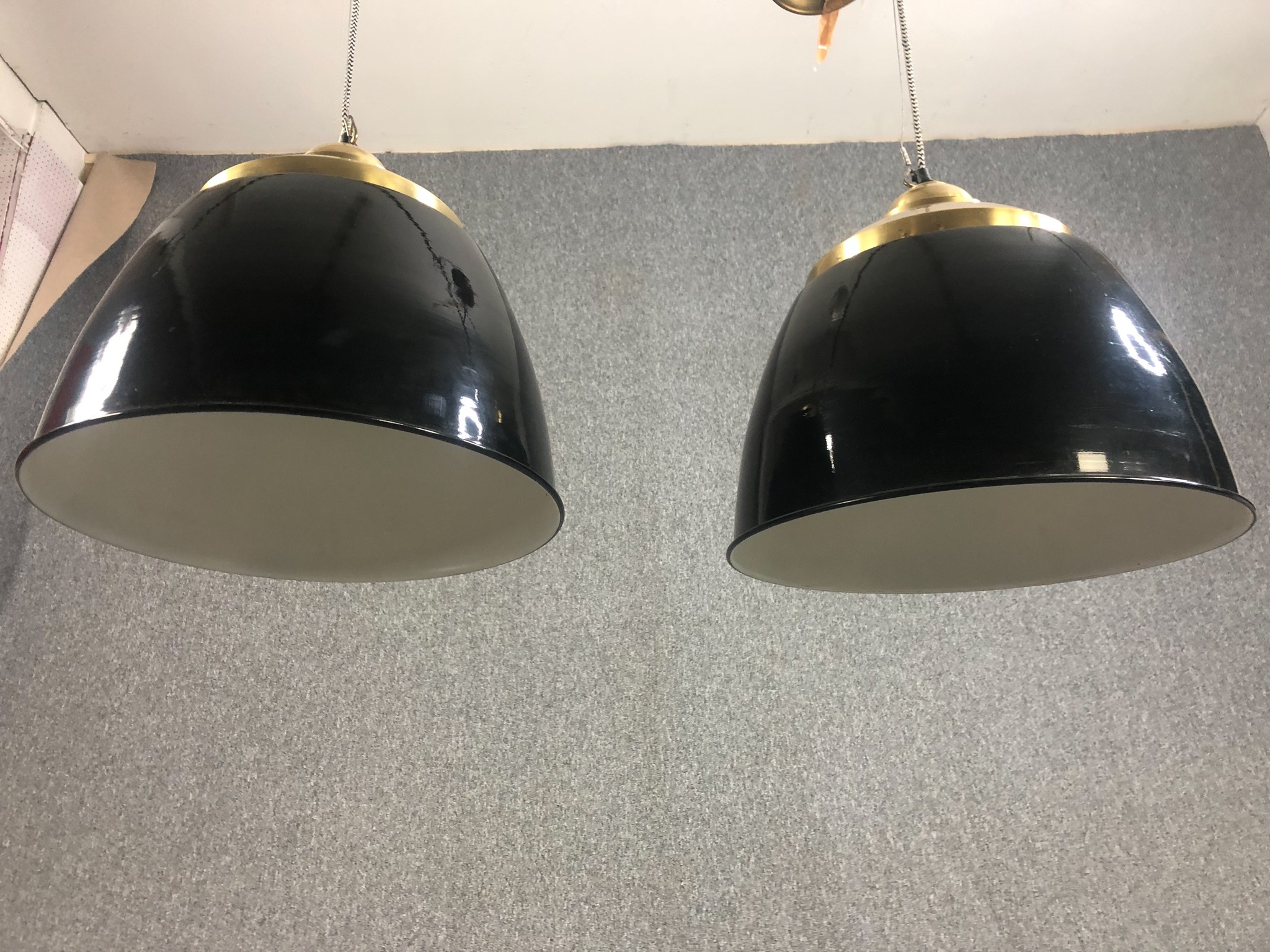 A pair of ceiling mounted down lights with enamelled shades and brass fittings. H.40 Dia.43cm.(each) - Image 5 of 7