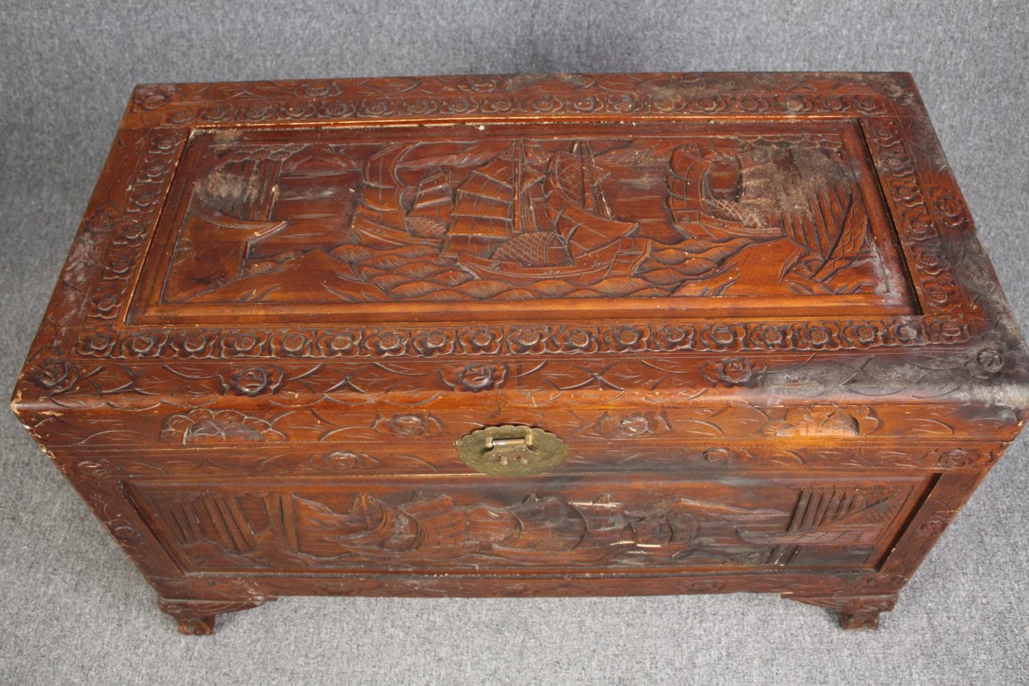 Coffer, Chinese carved camphor. H.60 W.100 D.50cm. - Image 4 of 6