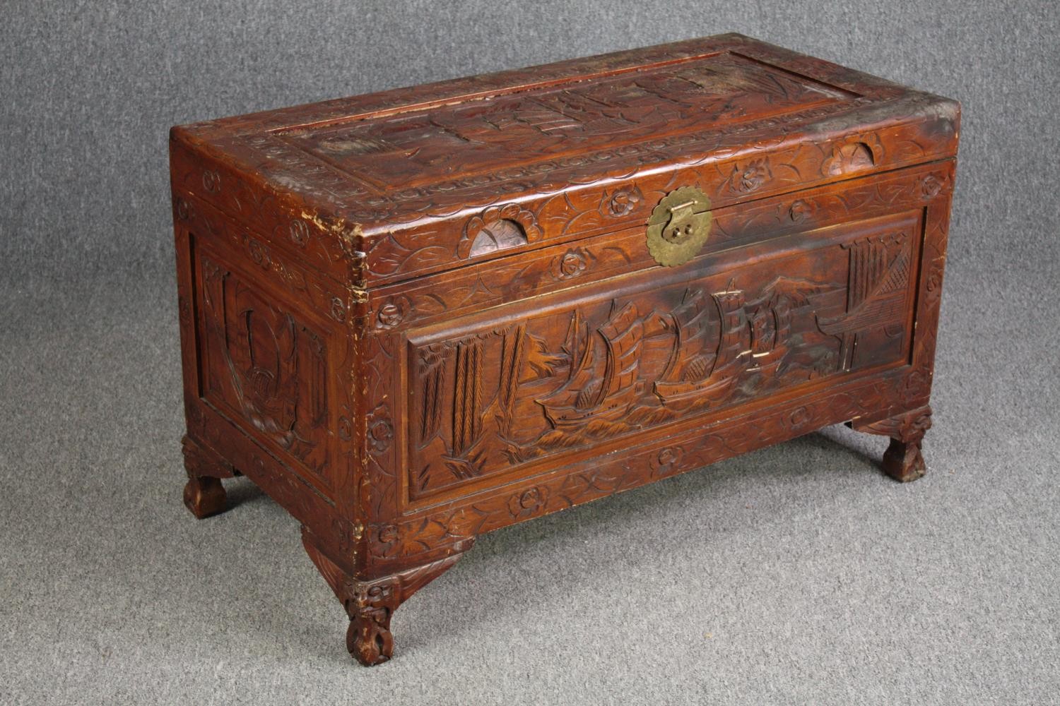 Coffer, Chinese carved camphor. H.60 W.100 D.50cm. - Image 2 of 6