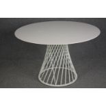 Dining table, contemporary with composite laminated top on metal base. H.72 W.120cm. (Some damage as