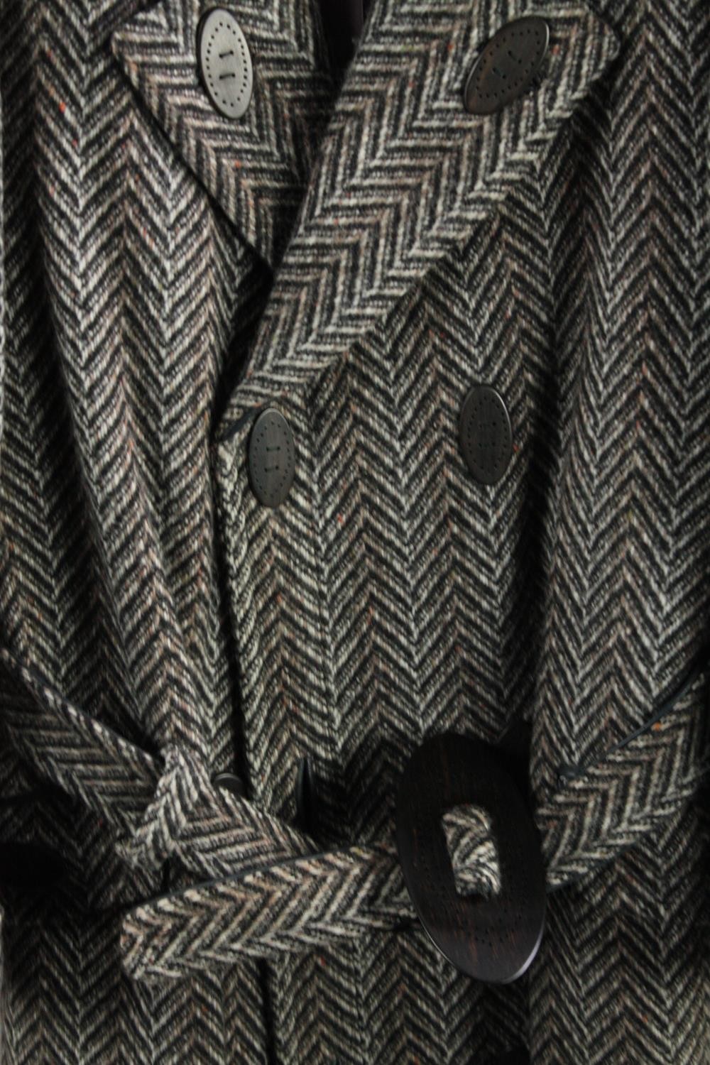 A vintage bespoke made silk lined herringbone tweed long overcoat with statement buckle. - Image 2 of 6