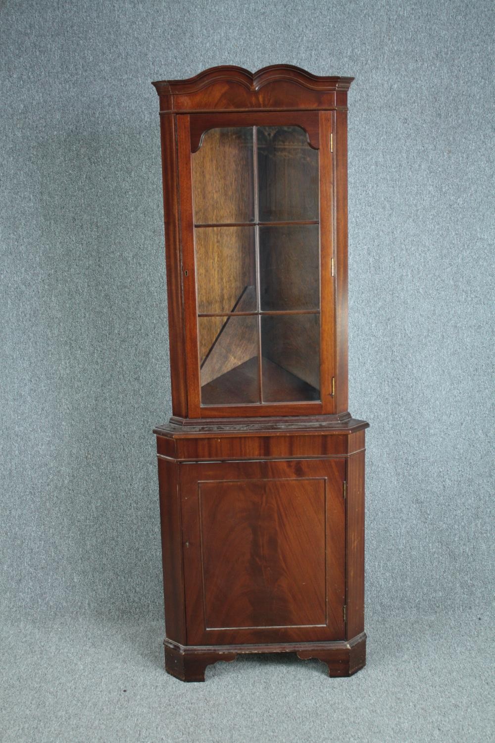 Corner cabinet, full height Georgian style flame mahogany. H.185 W.65cm. (Glazed door locked and