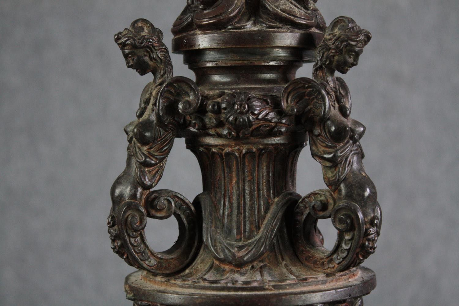 A large bronze 19th century Classical style figural torchere decorated with putti holding the - Image 11 of 11