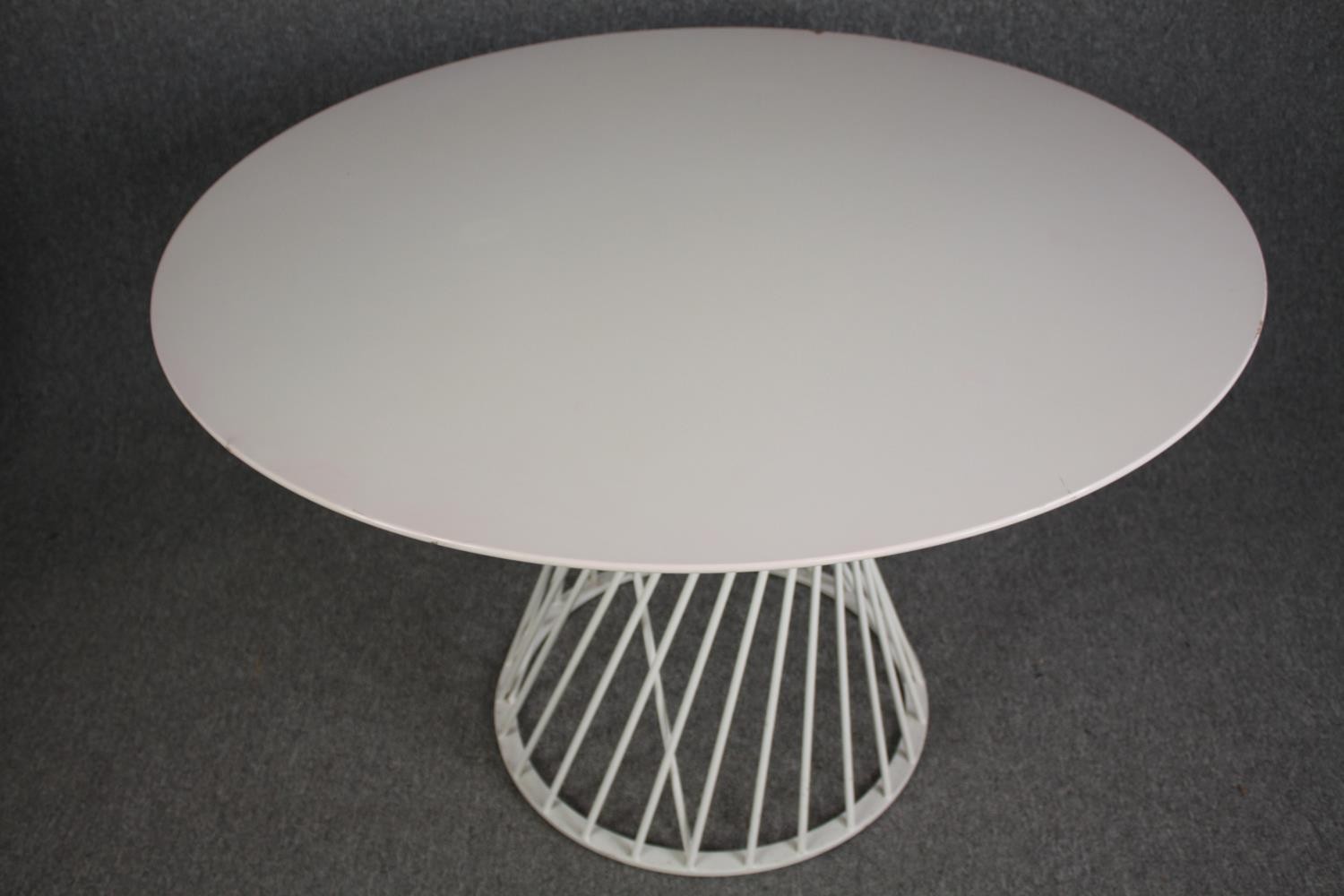 Dining table, contemporary with composite laminated top on metal base. H.72 W.120cm. (Some damage as - Image 4 of 6