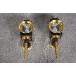 Two modern brass wall lights. Modelled on the style of coaching lamps. H.49cm. (each)
