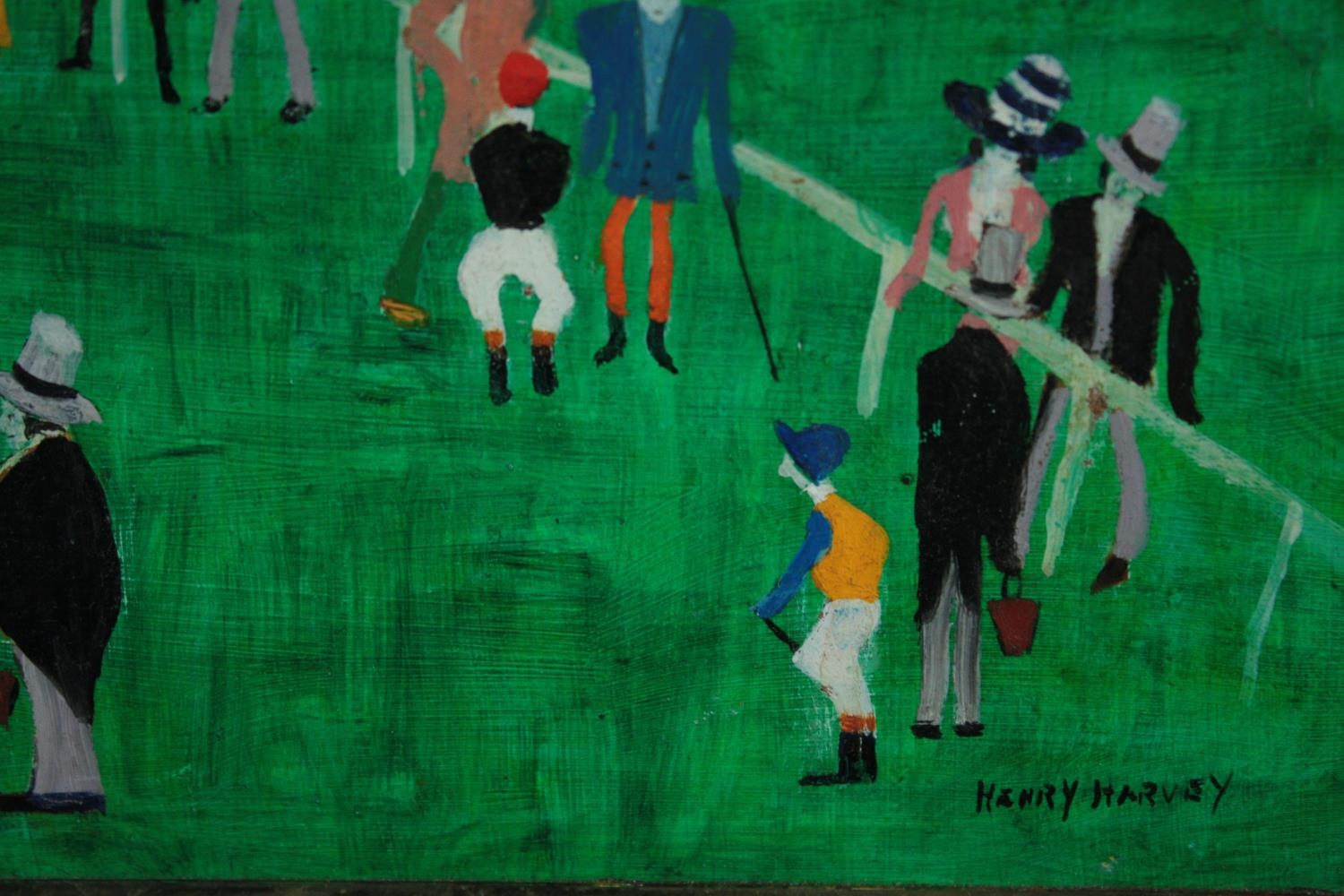 Henry Harvey. Oil painting on board. In the style of Lowry. Newmarket racecourse. Signed lower - Image 4 of 5