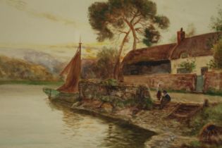 Daniel Sherrin (1869–1940). Watercolour. Riverside scene. Signed lower right. In a gilt decorated