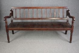 Hall bench, 18th century country oak and elm. H.89 W.177 D.70cm.