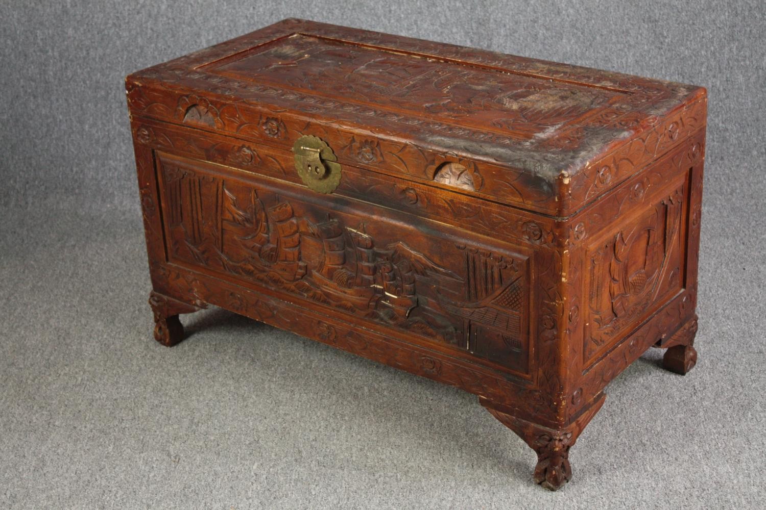 Coffer, Chinese carved camphor. H.60 W.100 D.50cm. - Image 3 of 6