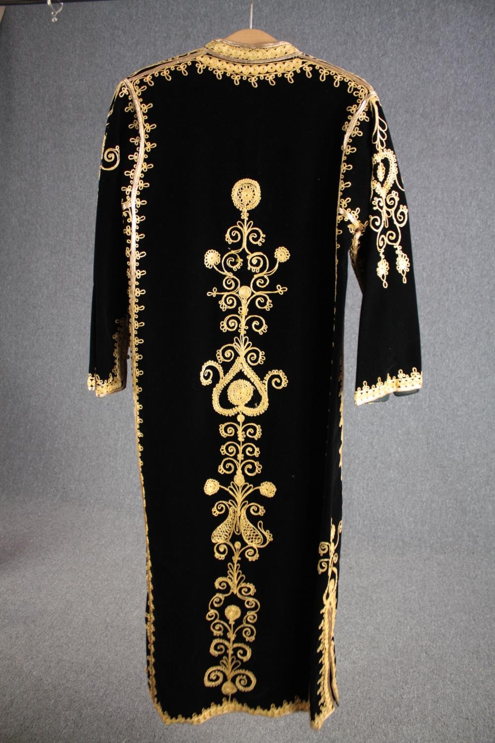 A vintage bespoke made black velvet long coat with gold brocade and thread embellishment. - Image 2 of 8