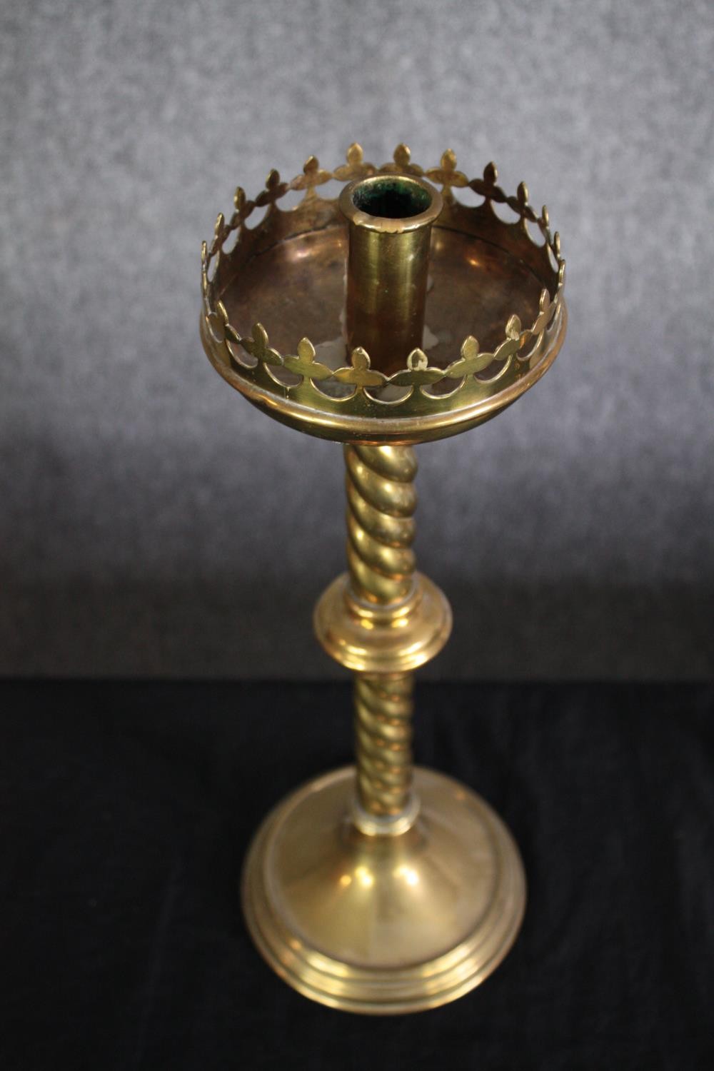 A pair of Gothic style brass candle holders with twist stems. H.40cm. (each) - Image 3 of 5