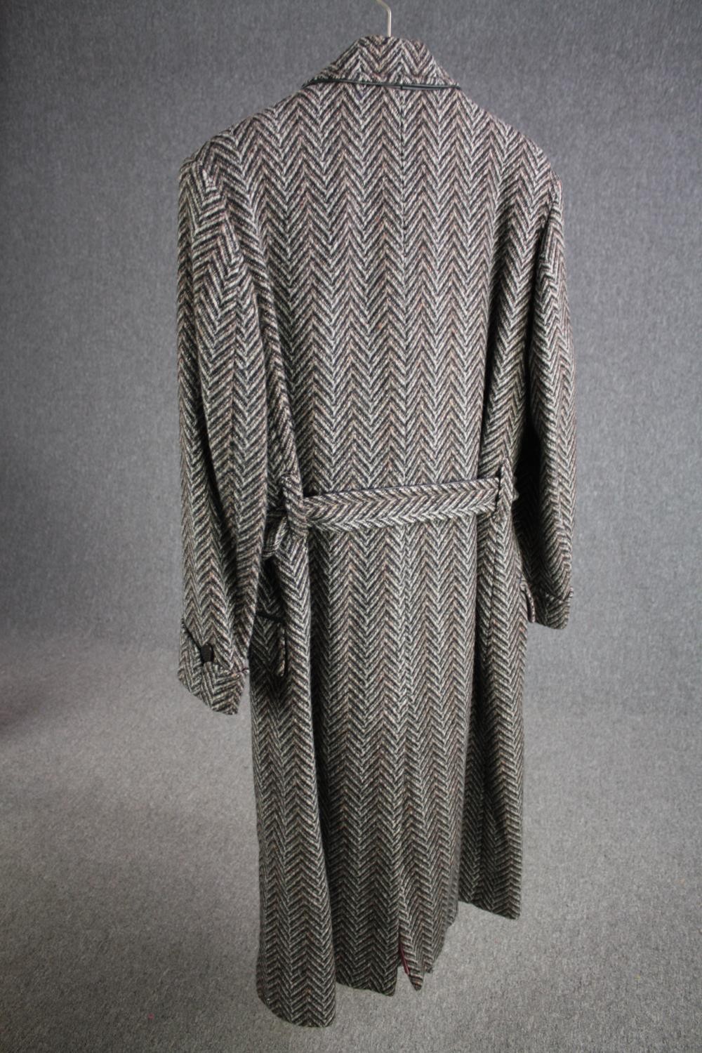 A vintage bespoke made silk lined herringbone tweed long overcoat with statement buckle. - Image 4 of 6