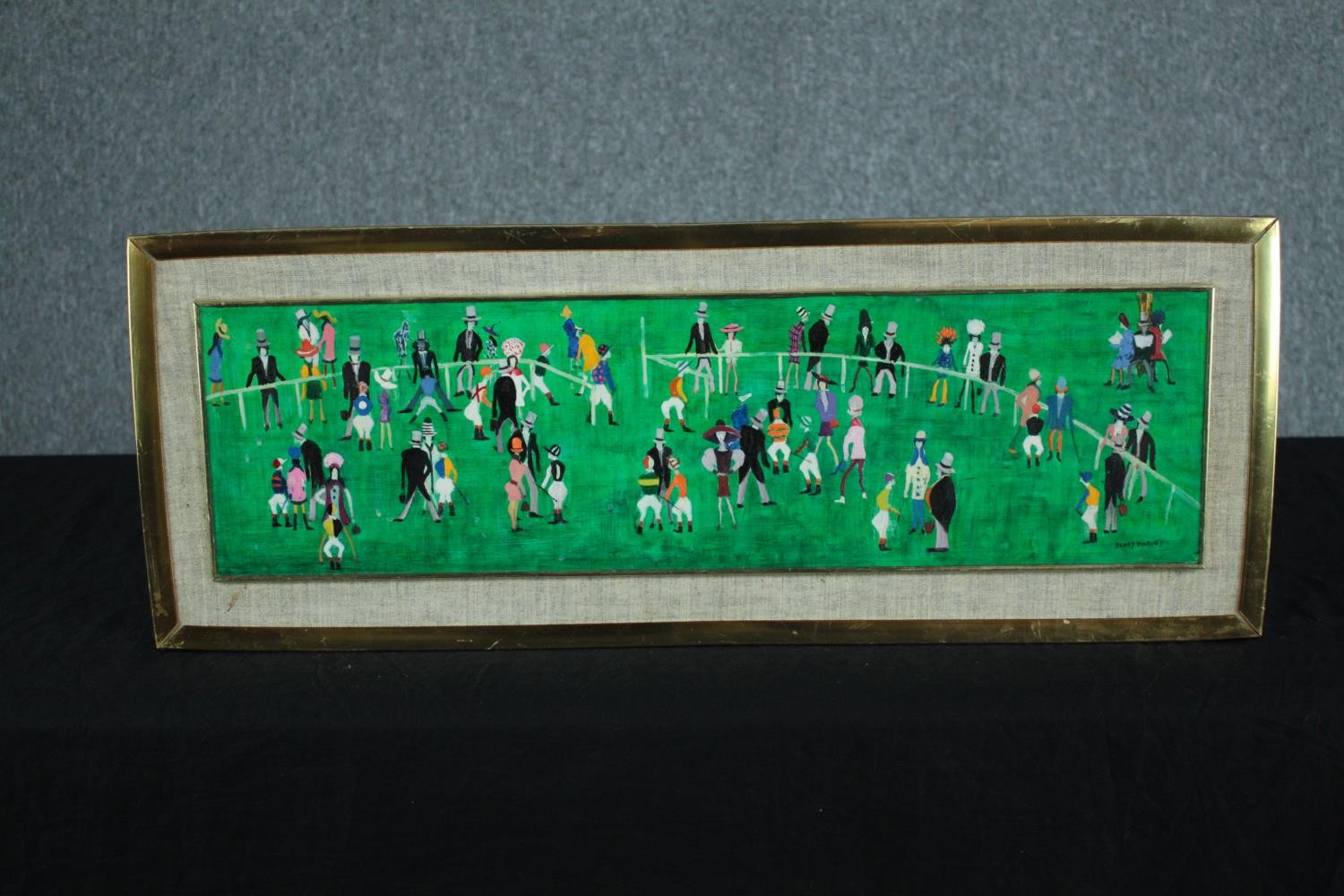 Henry Harvey. Oil painting on board. In the style of Lowry. Newmarket racecourse. Signed lower - Image 2 of 5