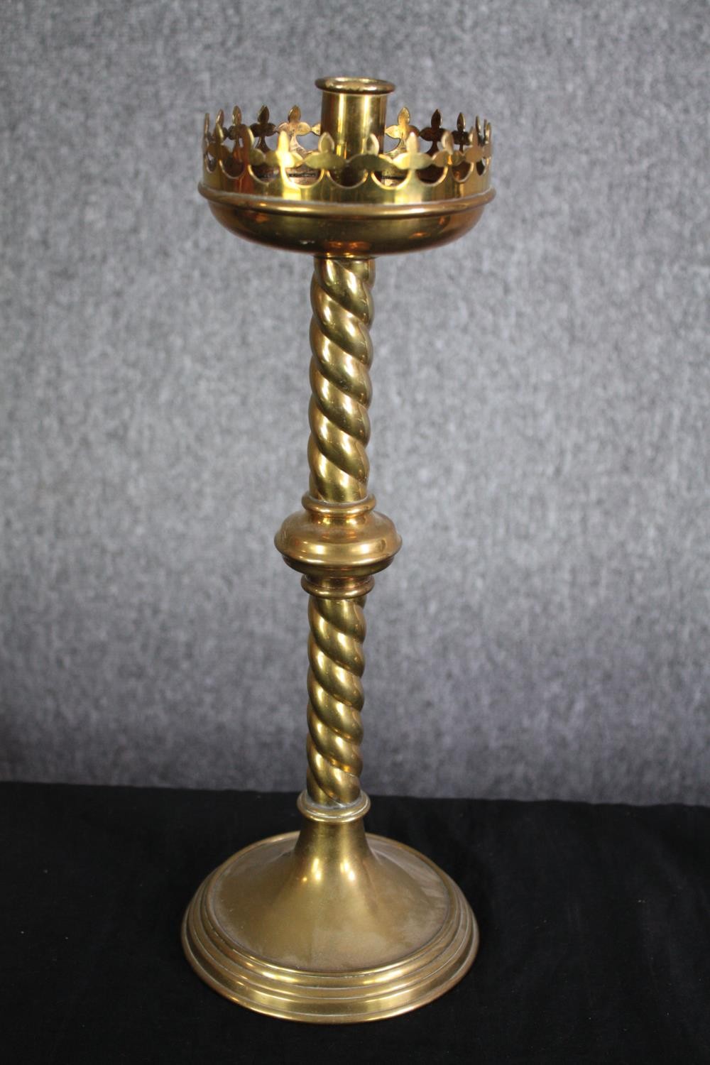 A pair of Gothic style brass candle holders with twist stems. H.40cm. (each) - Image 2 of 5