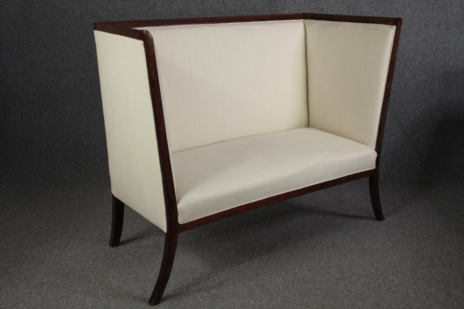 An Edwardian mahogany framed high back canape reupholstered in ivory fabric. H.106 W.137 D.62cm. - Image 2 of 4