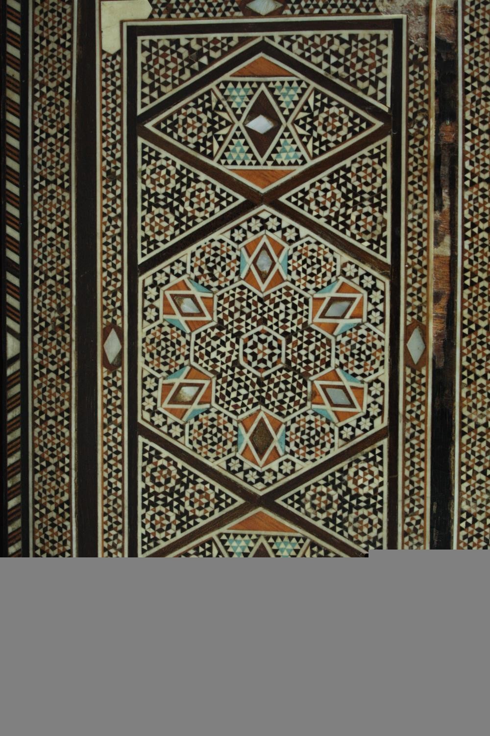 A 19th century bone and marquetry damascene micro mosaic Islamic jewellery box. H.7 W.25 D.15cm. ( - Image 3 of 3