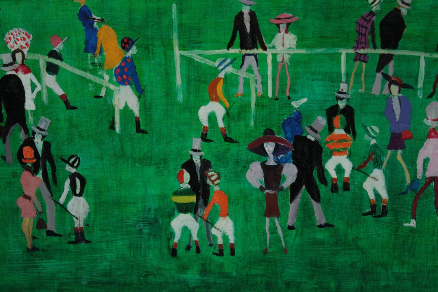 Henry Harvey. Oil painting on board. In the style of Lowry. Newmarket racecourse. Signed lower - Image 3 of 5