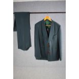 A vintage bespoke made teal silk mix three piece suit with maker's label and silk lining.