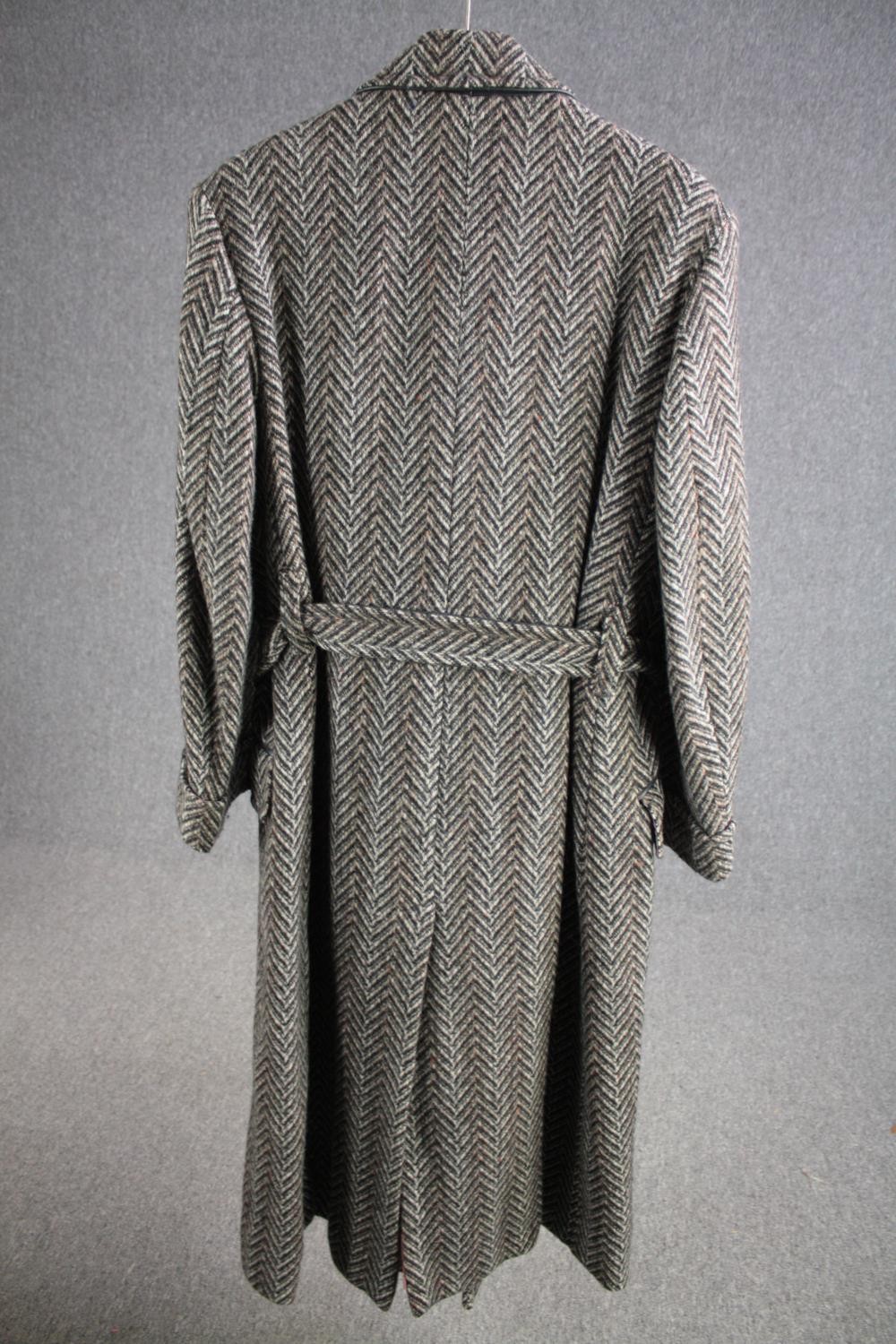 A vintage bespoke made silk lined herringbone tweed long overcoat with statement buckle. - Image 5 of 6