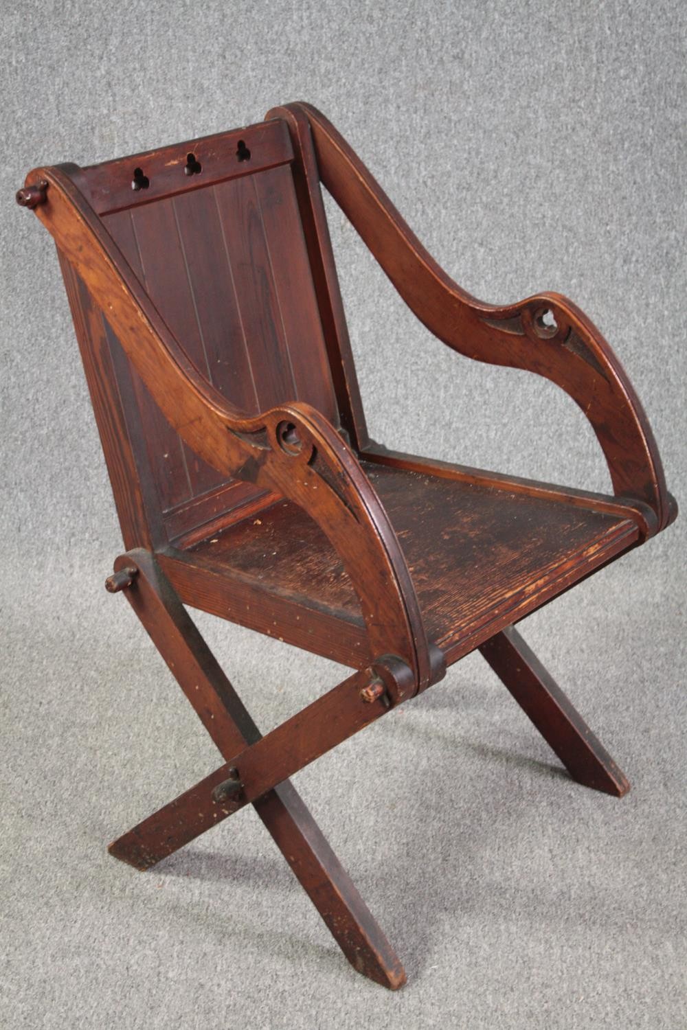 Glastonbury chair, 19th century pitch pine Gothic style. H.90cm. - Image 2 of 4