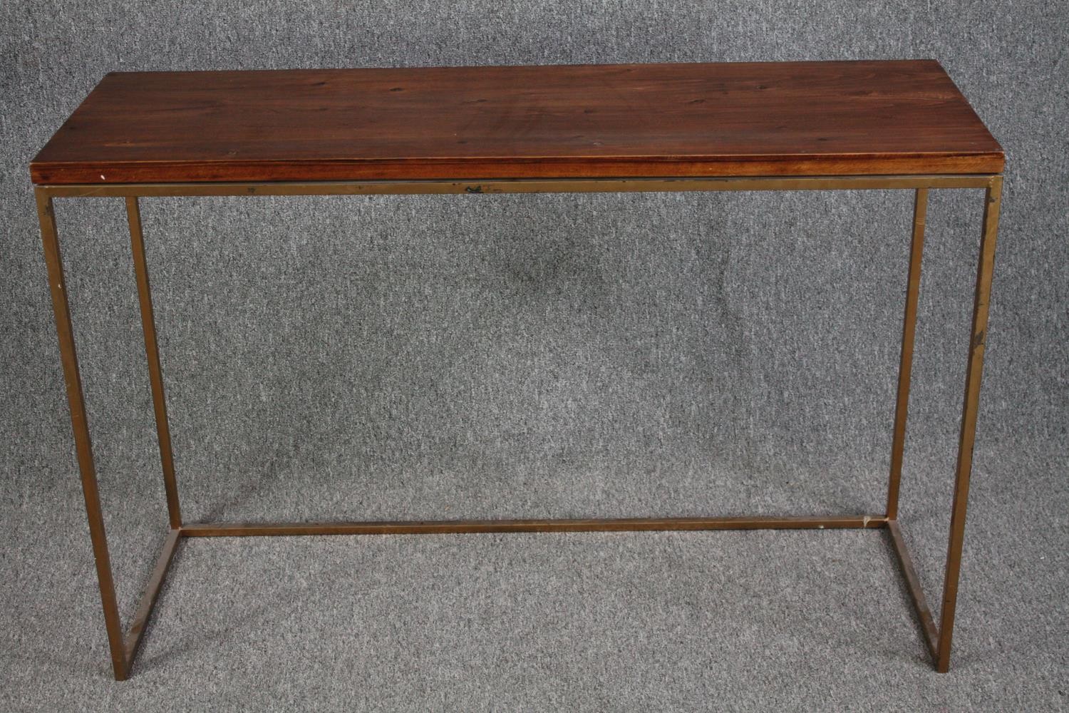 Console table, contemporary stained pine on a metal frame. H.79 W.120 D.40cm.