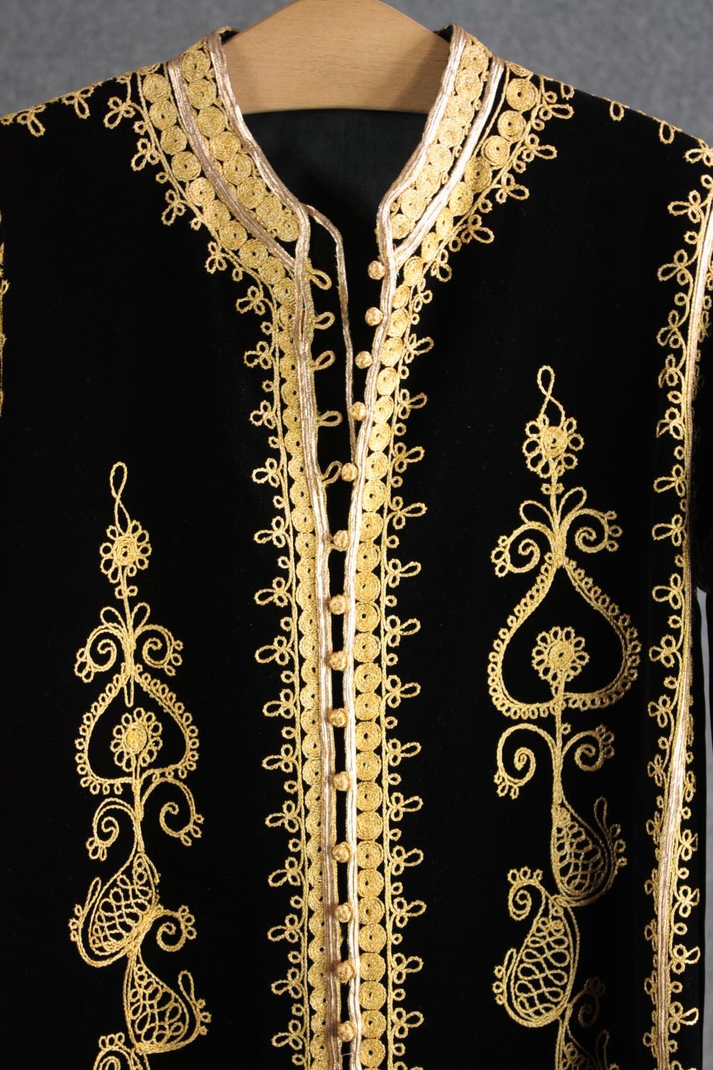 A vintage bespoke made black velvet long coat with gold brocade and thread embellishment. - Image 4 of 8