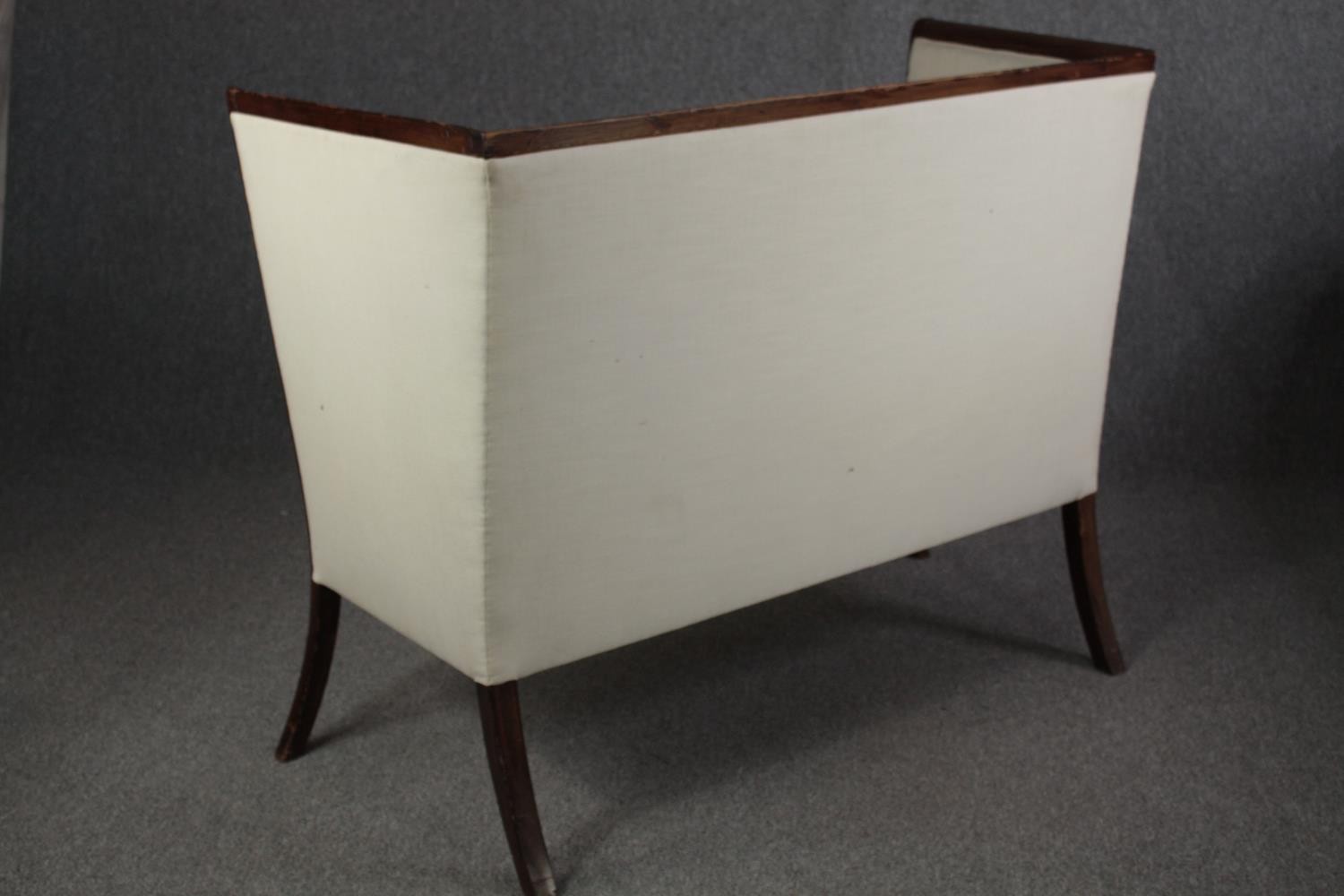 An Edwardian mahogany framed high back canape reupholstered in ivory fabric. H.106 W.137 D.62cm. - Image 4 of 4