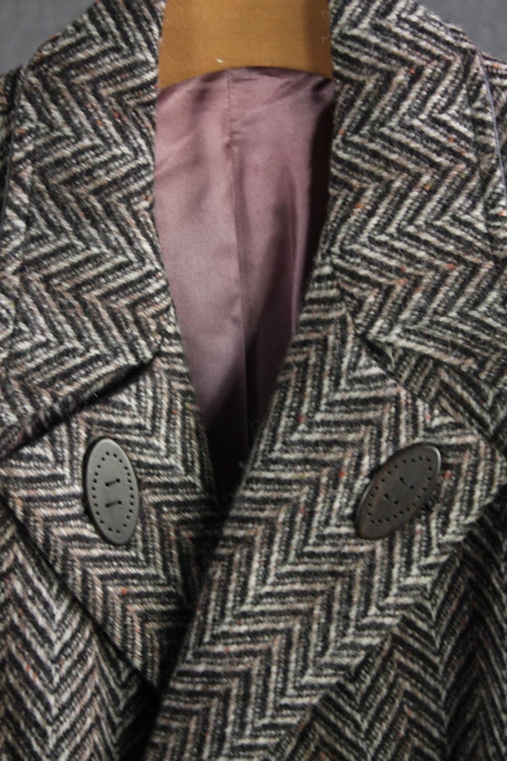 A vintage bespoke made silk lined herringbone tweed long overcoat with statement buckle. - Image 3 of 6