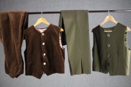 Two bespoke made waistcoat and trouser suits, one brown velvet and an olive silk mix.