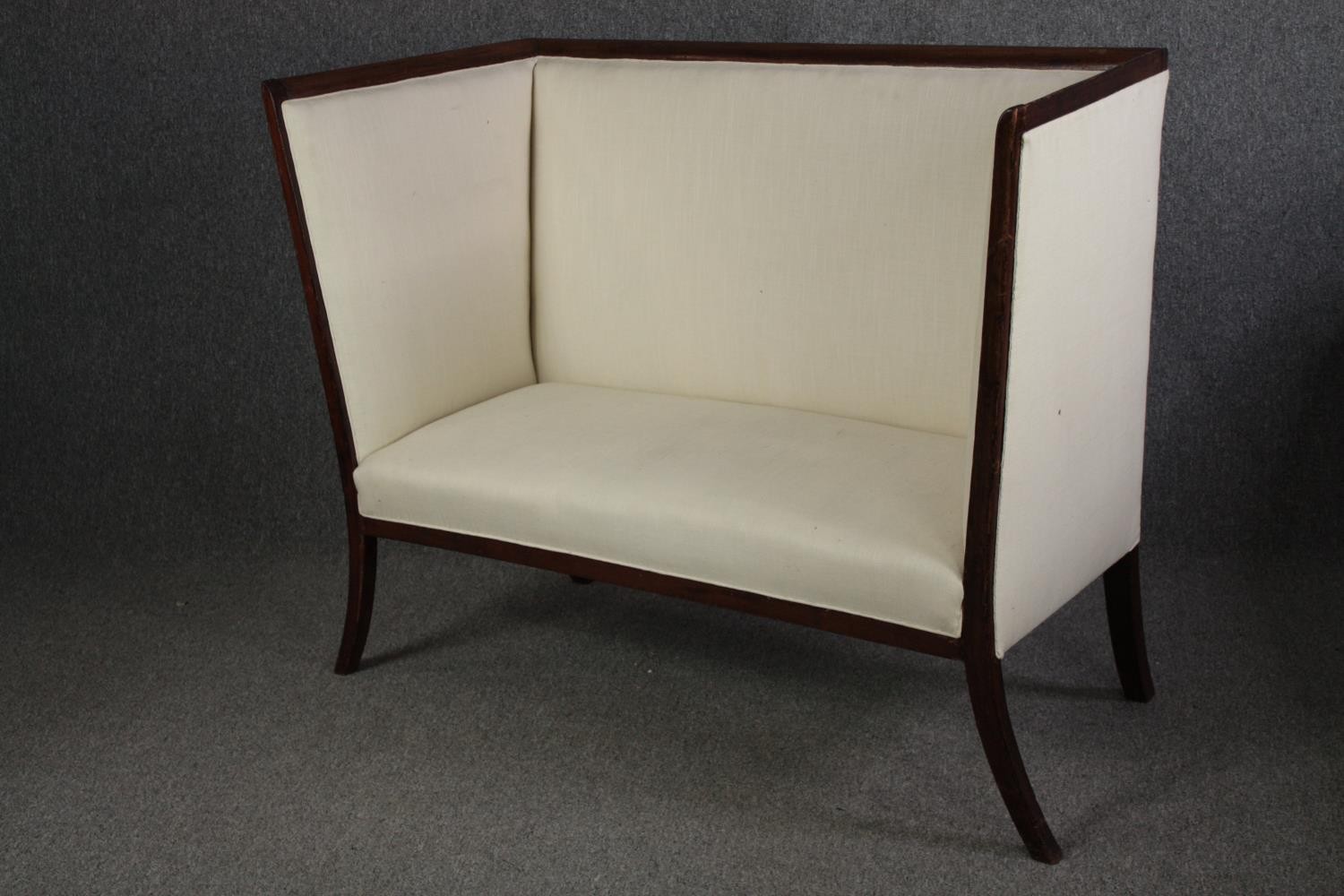 An Edwardian mahogany framed high back canape reupholstered in ivory fabric. H.106 W.137 D.62cm. - Image 3 of 4